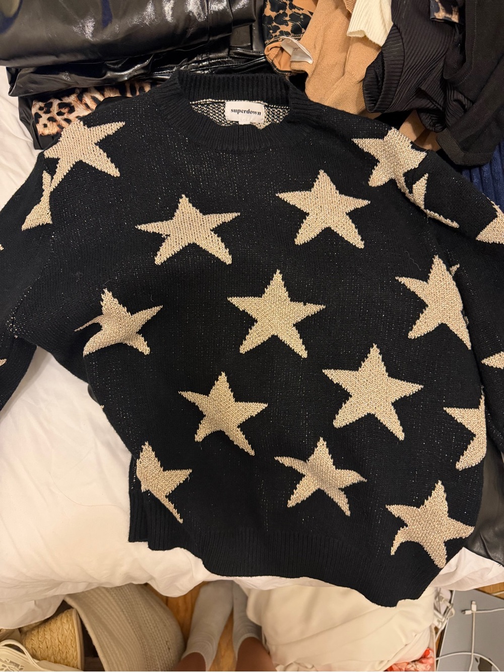 superdown Black Crewneck Sweater with Cream Star Pattern